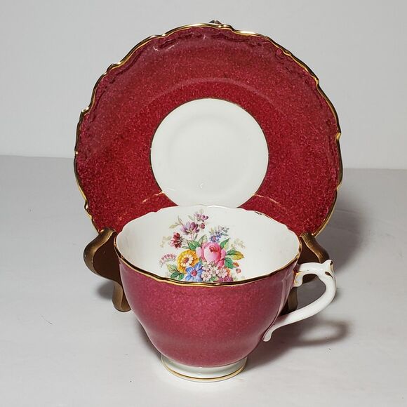 Coalport Teacup and Saucer Burgundy Pink Yellow Blue Flowers Vintage - Picture 10 of 10